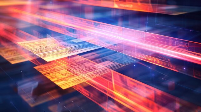 abstract visualization of financial auditing, depicted as beams of light scanning through layers of financial documents