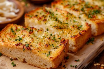 Garlic bread with melted cheese and herbs