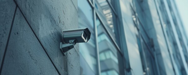 A security camera is mounted on a wall. Free copy space for banner.
