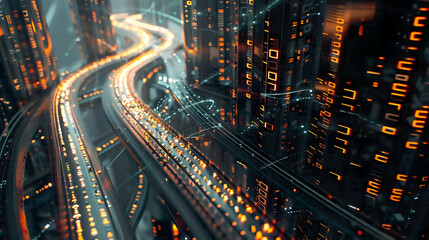 An intricate 3D rendering of a high-tech highway coursing through massive binary data towers in a digital city.