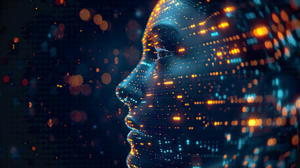 An innovative depiction of the big data and AI concept showcasing an outline of a woman's face with circuit board patterns and binary data streams on a blue backdrop.
