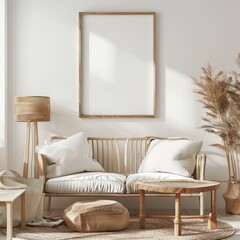 Modern living room with blank framed poster on wall, Mock up poster frame. Concept interior design