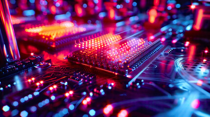 Obraz premium Close-Up Photo of a Quantum Computing Chip, in a Research Facility, with Intense Spotlighting, from a Frontal Angle, Conjuring Notions of Quantum Supremacy