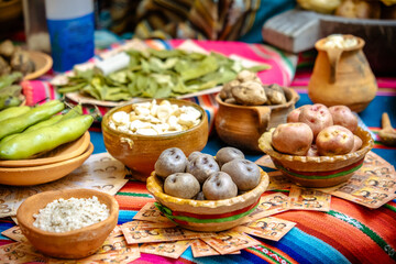 various foods of aymara origin on clay plates in latin america- gastronomy concept