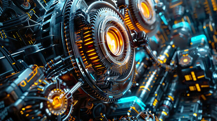 Dynamic scene of technology and engineering concept showcasing gears wires and digital elements interconnecting in a symphony of motion