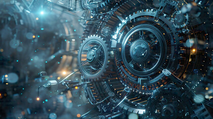 Obraz premium Dynamic scene of technology and engineering concept showcasing gears wires and digital elements interconnecting in a symphony of motion