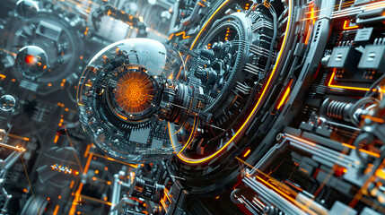 Fototapeta premium Dynamic scene of technology and engineering concept showcasing gears wires and digital elements interconnecting in a symphony of motion advanced machinery and futuristic architecture