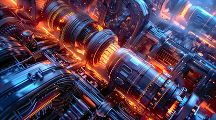 Fototapeta premium Dynamic scene of technology and engineering featuring gears wires and futuristic components in motion industrial architecture and glowing energy conduits