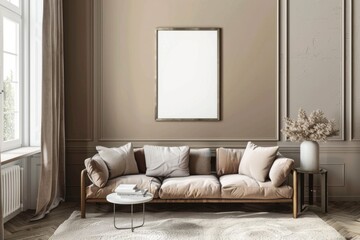 Modern living room with blank framed poster on wall, Mock up poster frame. Concept interior design