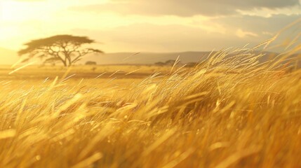 Obraz premium African savannah at dawn or dusk, with tall grass moving in the wind generative ai