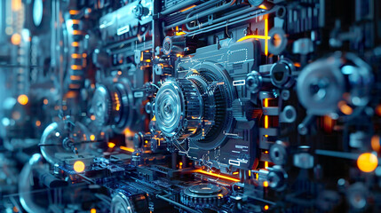 Fototapeta premium Futuristic depiction of technology and engineering with mechanical parts interlocking in a symphony of motion set advanced machinery and digital interfaces