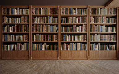 Bookshelf in Library with antique books. 3d rendering