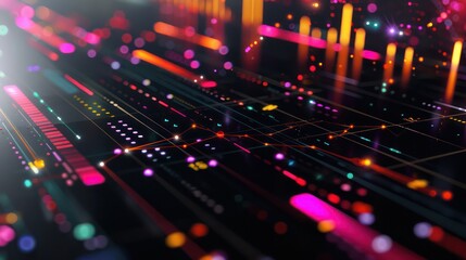 series of abstract, colorful, interconnected lines and graphs depicting financial analysis over a sleek black surface