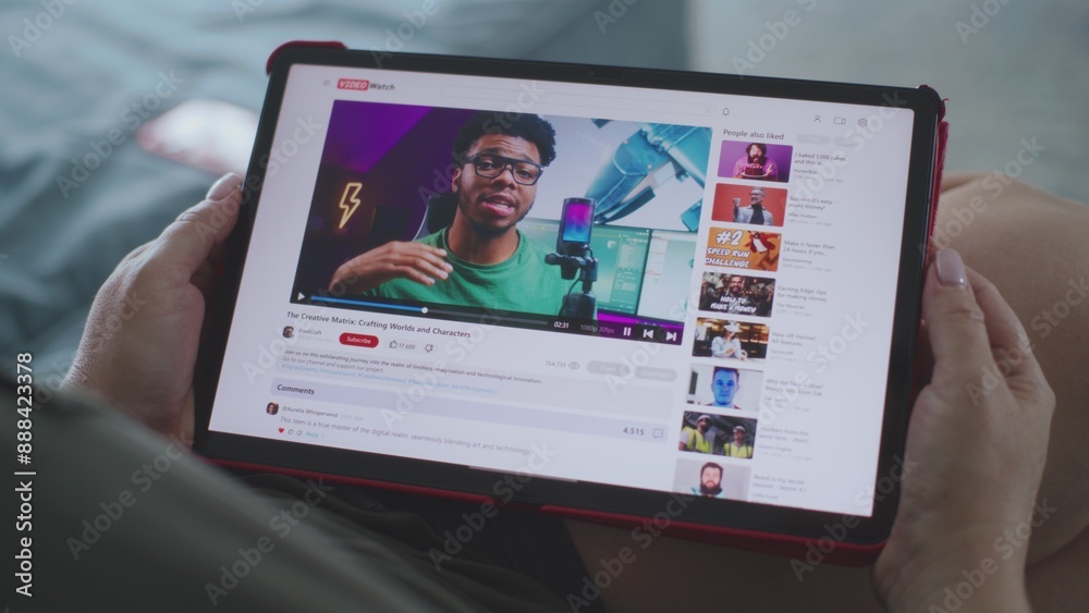 Poster caucasian woman watches educational video of blogger about 3d modeling using tablet computer while l
