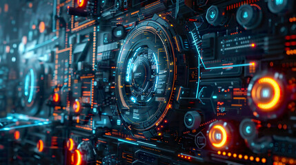 Obraz premium Futuristic representation of technology and engineering featuring sleek and minimalist design with intricate details digital interfaces and glowing energy sources