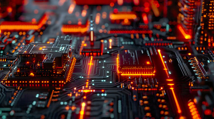 Obraz premium Macro Photo of AI Circuitry, in a Tech Lab, with Close-Up LED Lighting, from a Macro Angle, Revealing the Intricacies of Technological Advancement