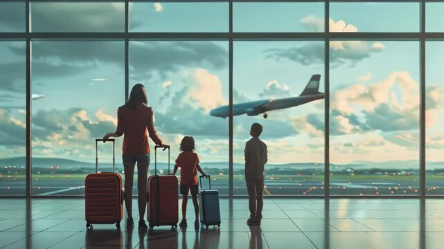 family with suitcases at the airport looking at the plane from the sky. concept of travel, vacation, air travel