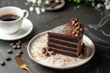 Piece of chocolate cake with a cup of coffee on table.