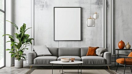 Modern living room with blank framed poster on wall, Mock up poster frame. Concept interior design