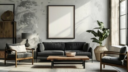 Modern living room with blank framed poster on wall, Mock up poster frame. Concept interior design