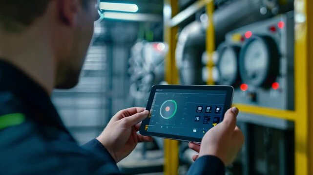 A worker in a industrial setting uses a tablet to monitor and control machinery.