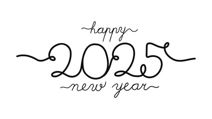 A handwritten vector bringing you Happy New Year 2025 message in elegant cursive script set on transparent background. The numbers 2025 are stylized with curly flourishes.