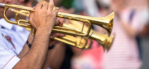 Fototapeta premium Police choir plays saxophone during march, state events