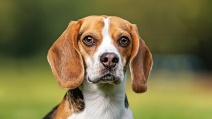 A brown and white dog with a black nose and brown eyes. The dog is looking at the camera