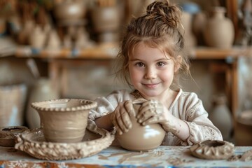 Little girl shaping clay in pottery workshop
