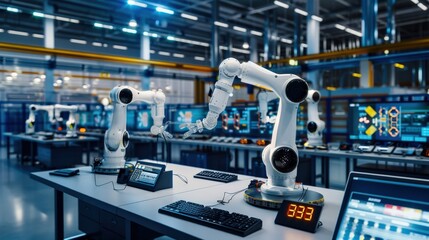 Naklejka premium A robot is standing in front of a computer monitor with the time. The robot is surrounded by other robots and computer monitors. The scene is futuristic and industrial in nature