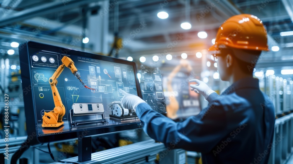 Poster a man is pointing at a robot on a computer screen. the robot is orange and has two screens. the man 