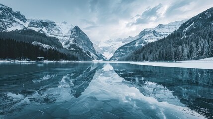 Winter Serenity: Frozen Lake Reflects Snowy Mountains