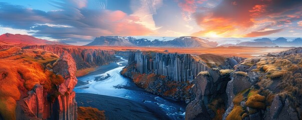 Fototapeta premium Icelandic Landscape at Sunset with Basalt Columns and River