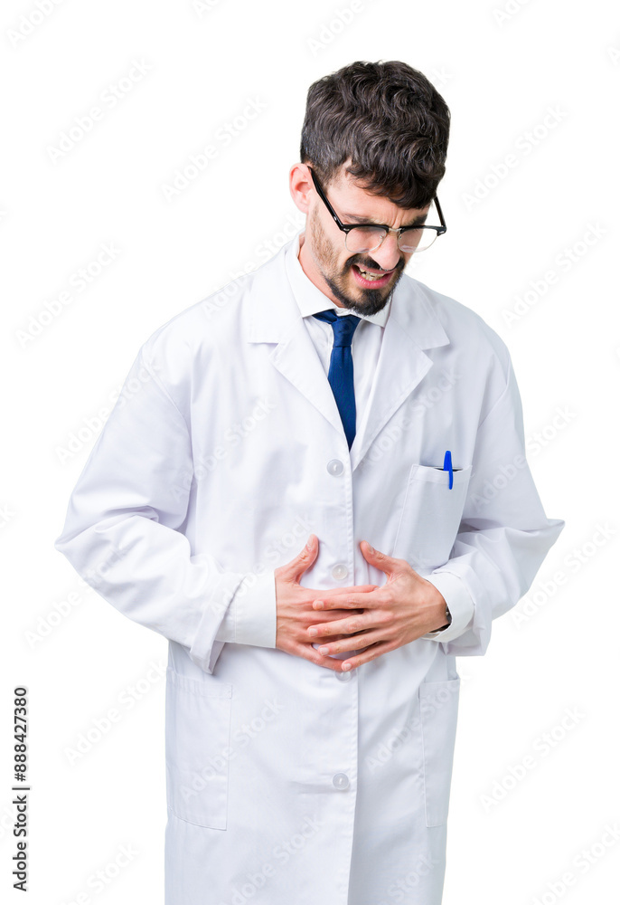 Sticker young professional scientist man wearing white coat over isolated background with hand on stomach be