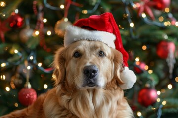 Dog in Santa hat with decorated Christmas tree background