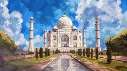 Obraz premium The Taj Mahal is a beautiful white building with a blue sky in the background. The painting captures the essence of the Taj Mahal and its surroundings, creating a serene and peaceful atmosphere
