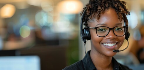 Smiling Customer Service Representative Wearing Headphones and Glasses in a Modern Office
