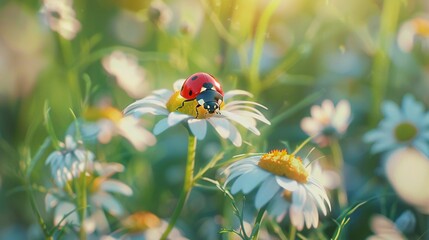 Fototapeta premium Ladybug on a chamomile flower in full bloom
