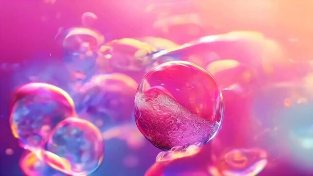 Many soap bubbles float in the air against a pink and purple background