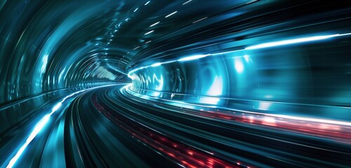 Futuristic Train Traveling Through a Blue Lit Tunnel