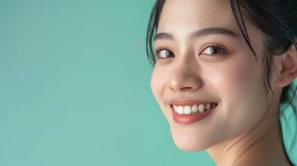 Fototapeta premium Smiling Woman Portrait With Turquoise Background