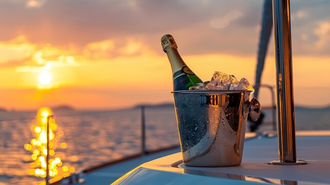 A chilled bottle of champagne awaits in an ice bucket on a luxury catamaran, ready to be poured and enjoyed during a sunset cruise on a tropical vacation.