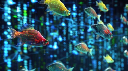 digital finance aquarium where each fish represents a different stock or bond, swimming in a sea of market data