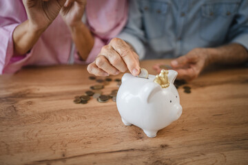 Close up of senior couple hand insert coins into the piggy bank