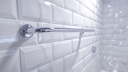 Stainless steel towel bar on white subway tile wall