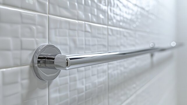 Shiny metal grab bar installed on textured white tiled wall