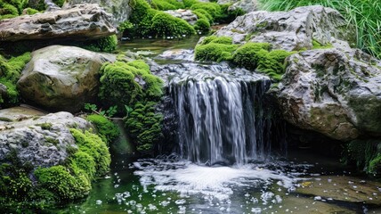 Naklejka premium Small waterfall flowing over mossy rocks into pond