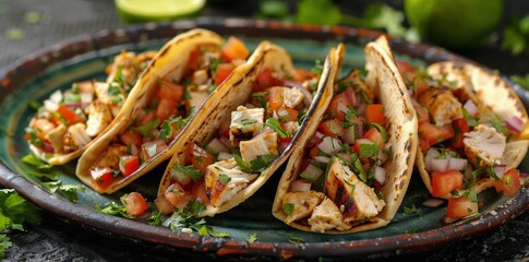 Close Up of Three Chicken Tacos With Pico De Gallo and Lime Wedge