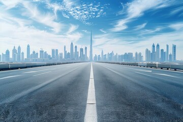 Asphalt Road Leading Towards a City Skyline