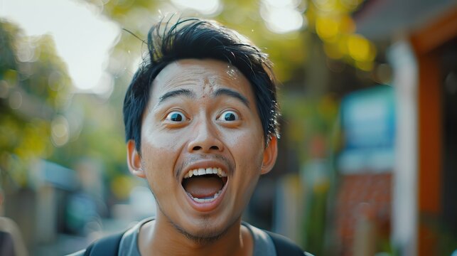 Indonesian man telling something pose with excited expression